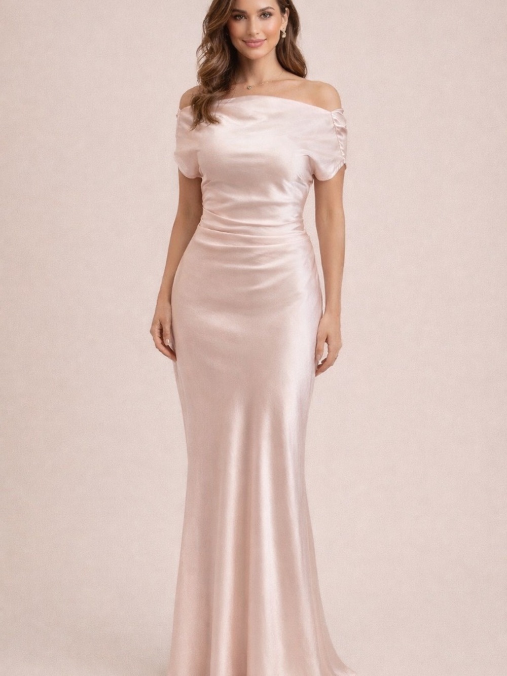 Blush Satin Off Shoulder Maxi Dress Cowl Back Bias Cut NWT Size L